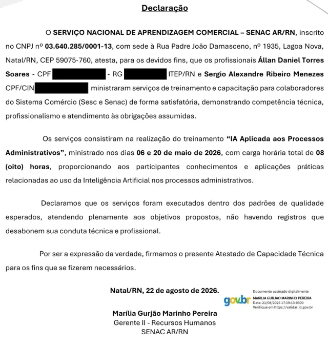 Declaração do SENAC AR/RN, de 22 de agosto de 2026, atestando que Állan Daniel Torres Soares e outro profissional ministraram o treinamento IA Aplicada aos Processos Administrativos em 6 e 20 de maio de 2026, com 8 horas. Documentos pessoais tarjados.
